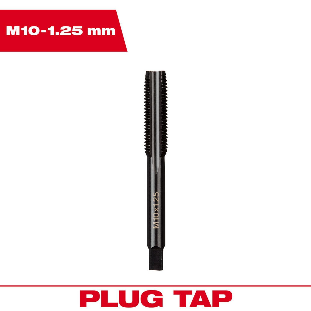 Straight Flute Taps; Tap Type: Straight Flute ; Thread Size (mm): M10x1.25 ; Chamfer: Plug ; Material: High-Carbon Steel ; Coating/Finish: Black Oxide ; Thread Direction: Right Hand