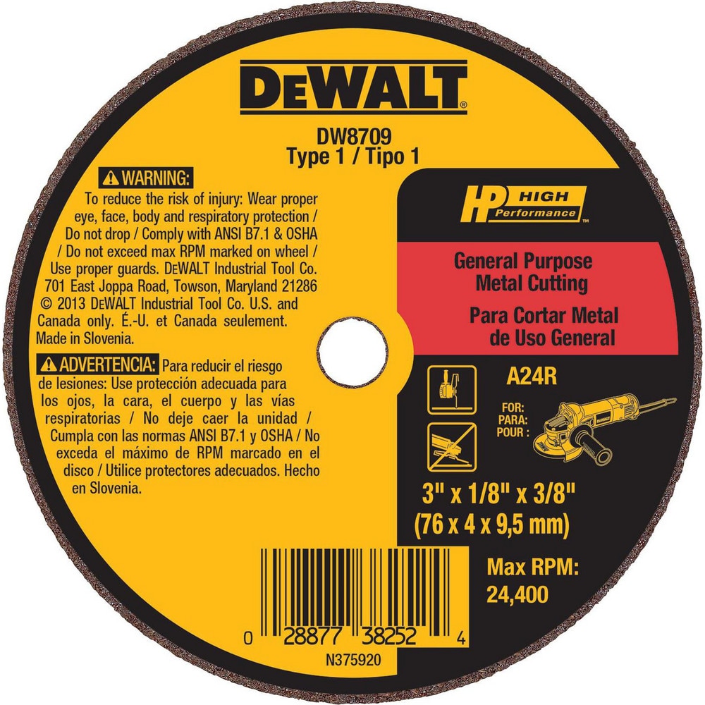 Cut-Off Wheel: 3" Dia, 1/8" Thick, 3/8" Hole, Aluminum Oxide