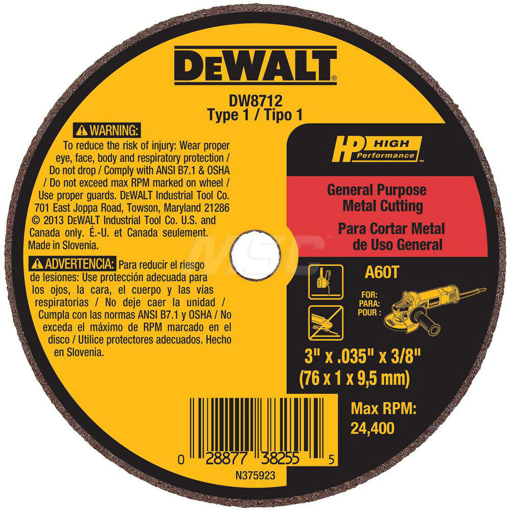DeWALT 3 x 0.035, 3/8" Hole 60 Grit Aluminum Oxide Cutoff Wheel