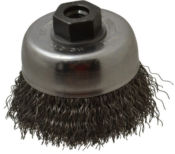 Weiler 93638 Cup Brush: 3" Dia, 0.014" Wire Dia, Steel, Crimped 