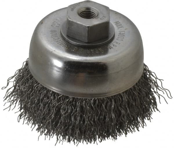 Weiler 93641 Cup Brush: 3" Dia, 0.014" Wire Dia, Steel, Crimped 