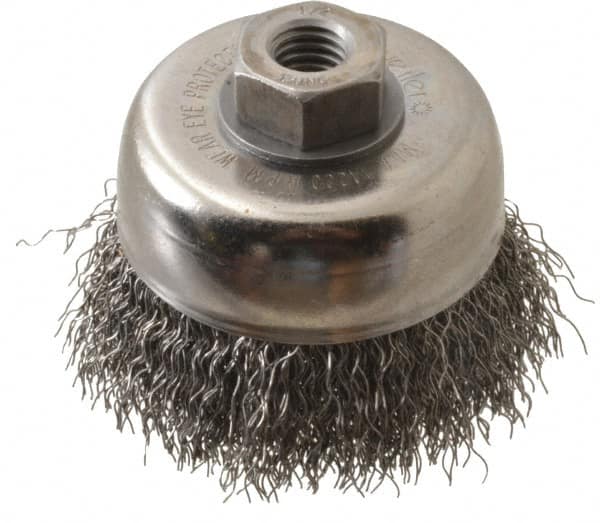 Weiler 93642 Cup Brush: 3" Dia, 0.014" Wire Dia, Steel, Crimped 