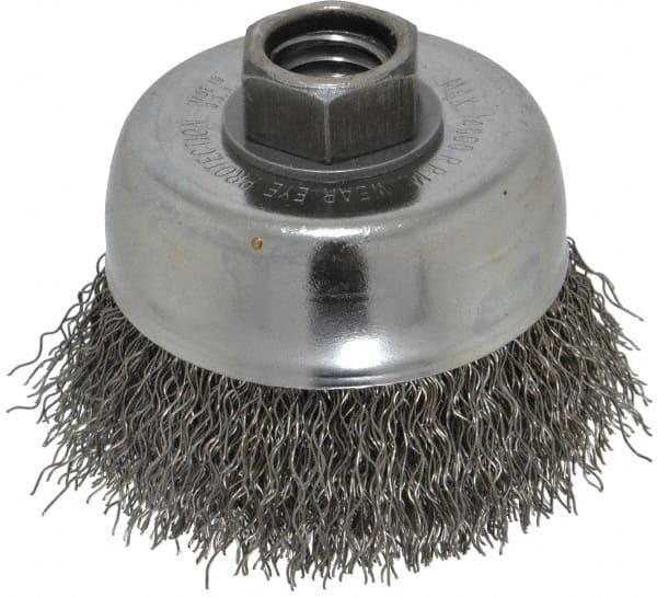 Weiler 93643 Cup Brush: 3" Dia, 0.014" Wire Dia, Steel, Crimped 