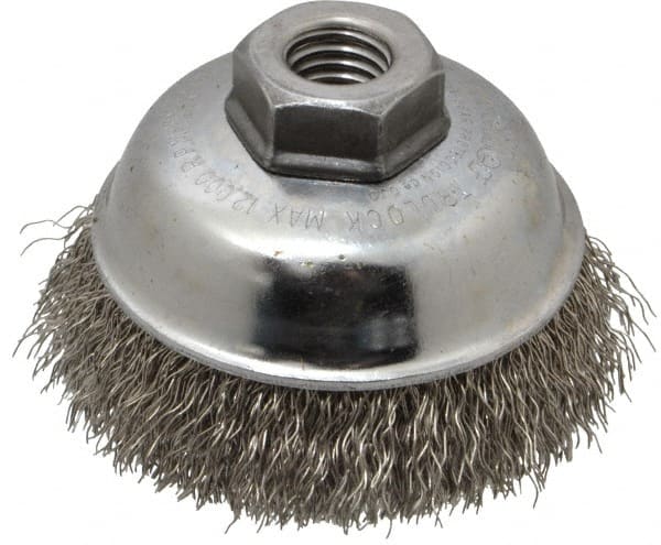 Weiler 93650 Cup Brush: 3-1/2" Dia, 0.014" Wire Dia, Stainless Steel, Crimped 