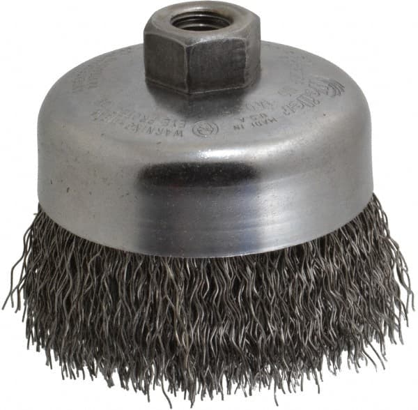 Weiler 93653 Cup Brush: 4" Dia, 0.02" Wire Dia, Steel, Crimped 