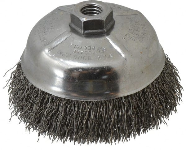 Weiler 93654 Cup Brush: 5" Dia, 0.02" Wire Dia, Steel, Crimped 