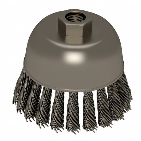 Weiler 94689 Cup Brush: 2-3/4" Dia, 0.02" Wire Dia, Stainless Steel, Knotted 