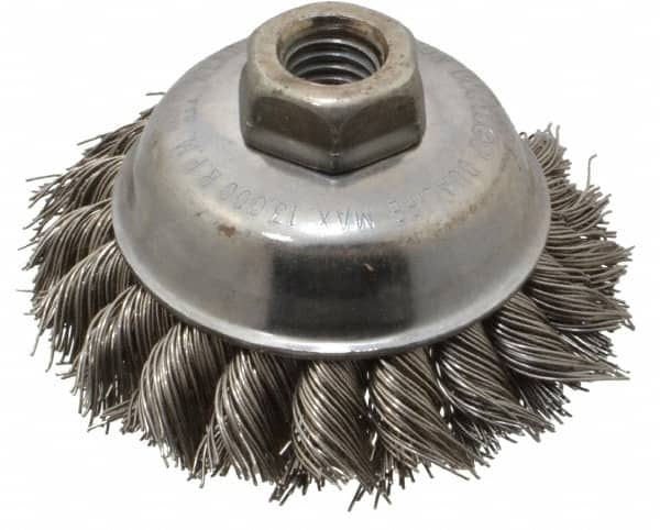Weiler 94697 Cup Brush: 3-1/2" Dia, 0.023" Wire Dia, Stainless Steel, Knotted 