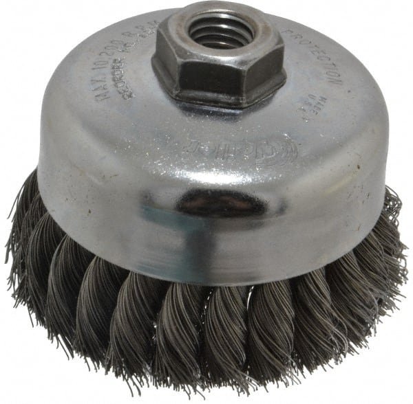 Weiler 94698 Cup Brush: 4" Dia, 0.014" Wire Dia, Steel, Knotted 