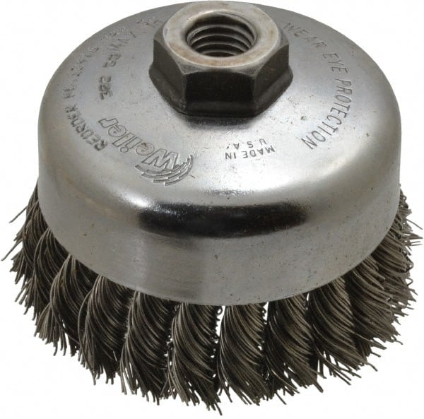 Weiler 94700 Cup Brush: 4" Dia, 0.023" Wire Dia, Stainless Steel, Knotted 
