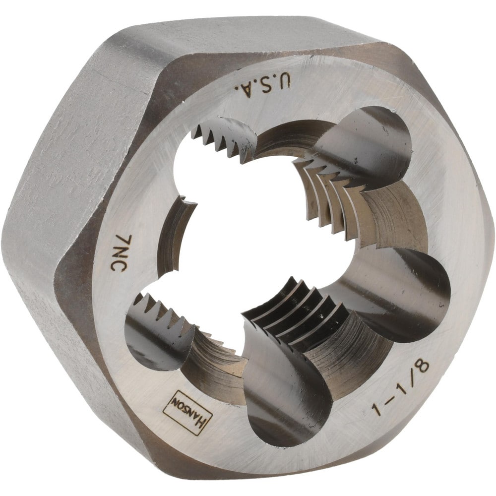 Hex Rethreading Die: 1-1/8-7, 1" Thick, Right Hand, 2" Hex, Carbon Steel