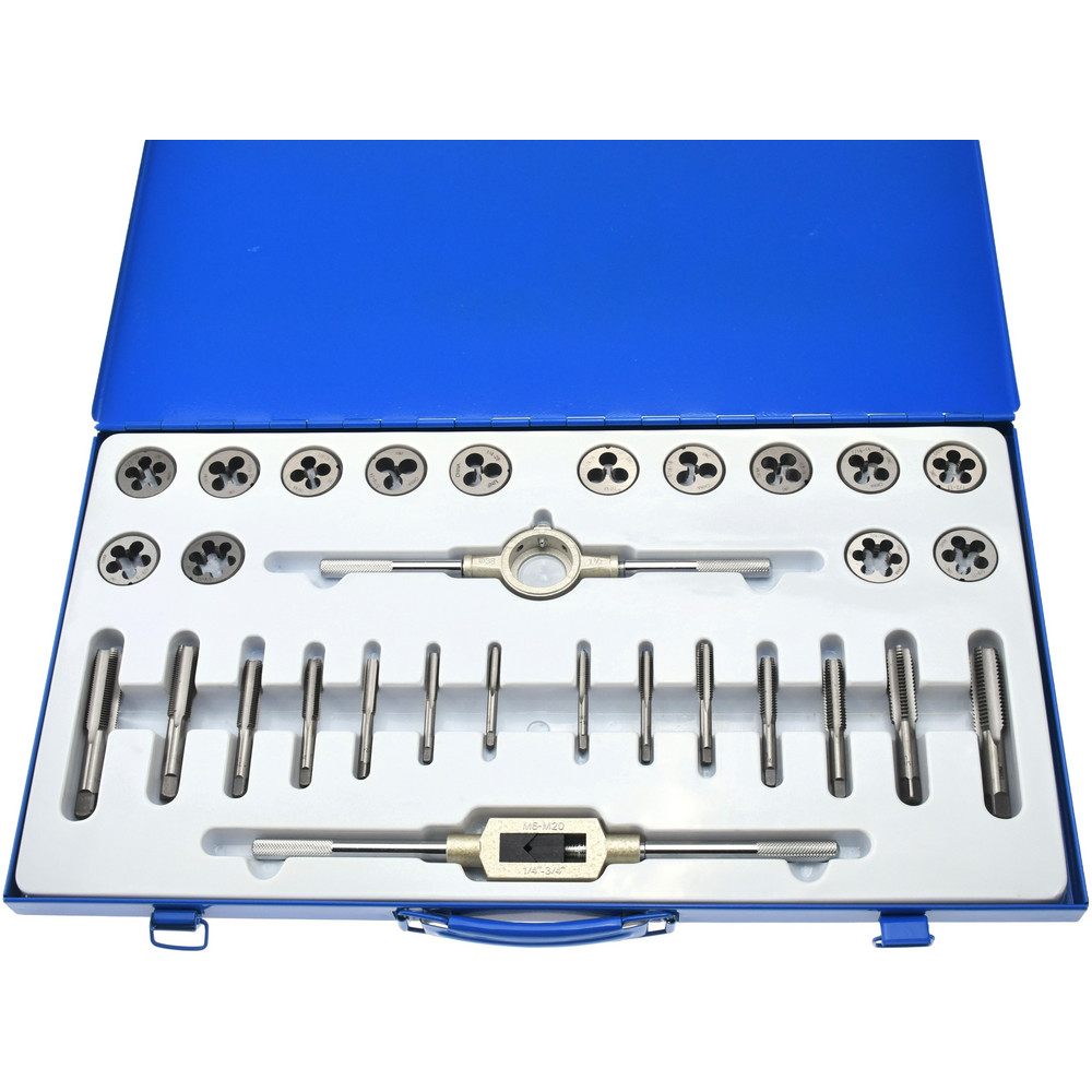 Tap & Die Set: 1/4-20 to 3/4-16 Taps, UNC & UNF - Carbon Steel, Round Dies, 30 Pc