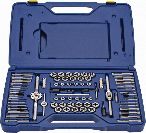 Tap & Die Set: #4-40 to 1/2-20 Taps, #4-40 to 1/2-20 Dies, NPT - Carbon Steel, Bright Finish, 1" Hex Dies, 76 Pc