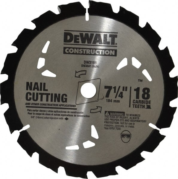 Dewalt DW3591B10 Wet & Dry Cut Saw Blade: 7-1/4" Dia, 5/8" Arbor Hole, 0.071" Kerf Width, 18 Teeth 