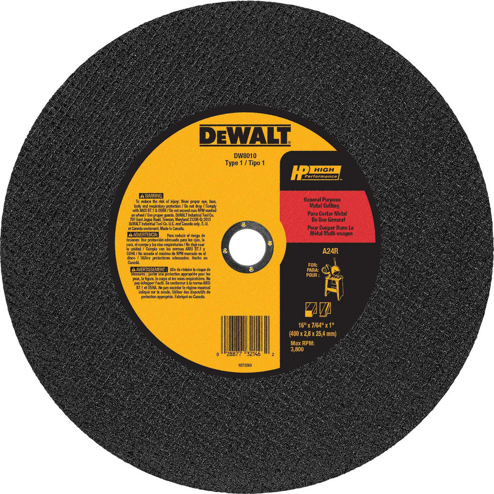 Cutoff Wheel: Type 1 (01/41), 16" Dia, 7/64" Thick, 1" Hole, Aluminum Oxide - 24 Grit, 3800 Max RPM, Reinforced