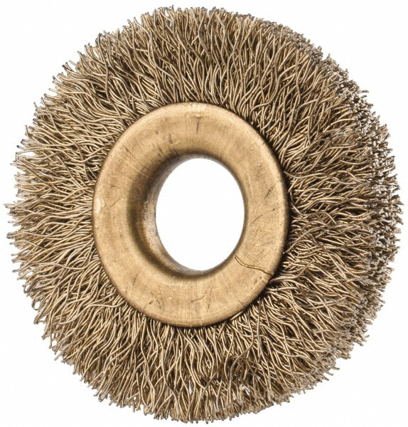 Value Collection Wheel Brush: 1-3/8" Wheel Dia, 1/4" Face Width, 0.0070" Wire Dia, Crimped - 3/8" Hole, Brass-Coated Steel | Part #511393-3008