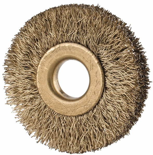 Value Collection Wheel Brush: 1-1/2" Wheel Dia, 1/4" Face Width, 0.0070" Wire Dia, Crimped - 3/8" Hole, Brass-Coated Steel | Part #511396-3008