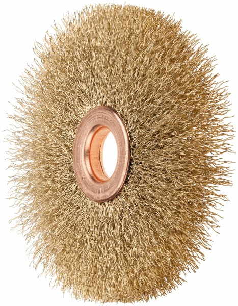 Value Collection Wheel Brush: 3" Wheel Dia, 3/8" Face Width, 0.0070" Wire Dia, Crimped - 1/2" Hole, Brass-Coated Steel | Part #511377-3008