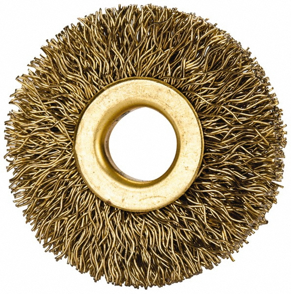 Value Collection Wheel Brush: 1-1/2" Wheel Dia, 1/4" Face Width, 0.0120" Wire Dia, Crimped - 3/8" Hole, Brass-Coated Steel | Part #511398-3008