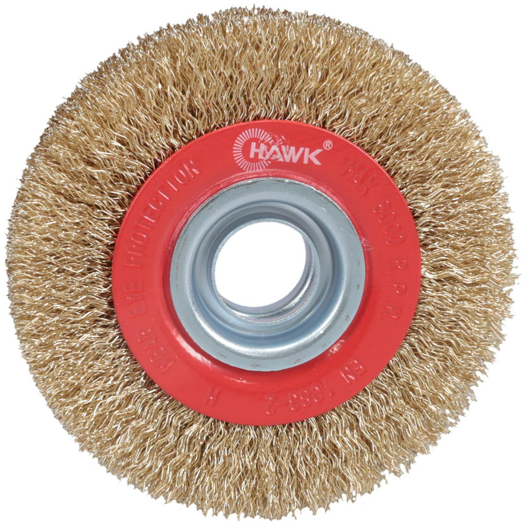 Value Collection Wheel Brush: 4" Wheel Dia, 3/4" Face Width, 0.0120" Wire Dia, Crimped - 3/4" Hole, Brass-Coated Steel | Part #522062-3008