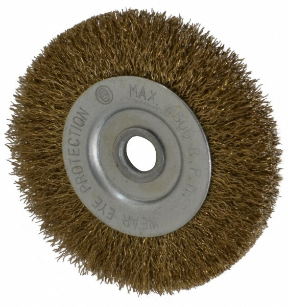 Value Collection Wheel Brush: 3" Wheel Dia, 3/8" Face Width, 0.0070" Wire Dia, Crimped - 3/8" Hole, Brass-Coated Steel | Part #601075-3118