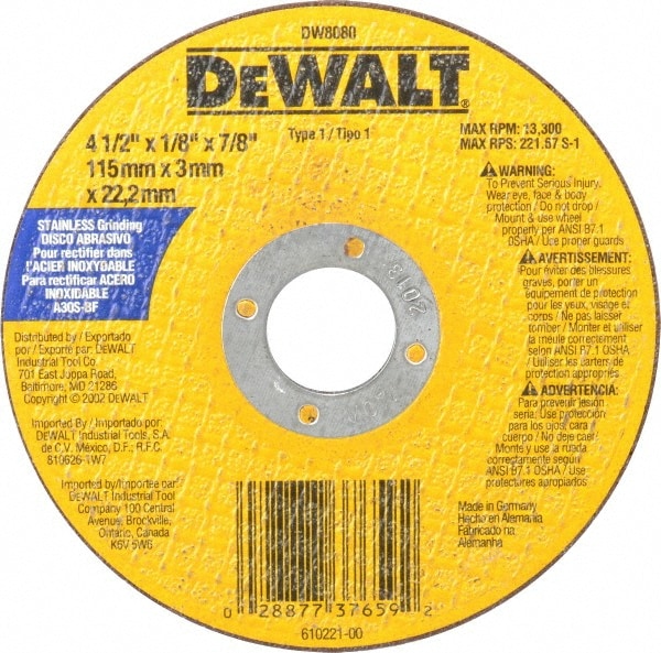 Dewalt 4 1 2 X 3 32 7 8 Hole 30 Grit Aluminum Oxide Cutoff Wheel Msc Industrial Supply