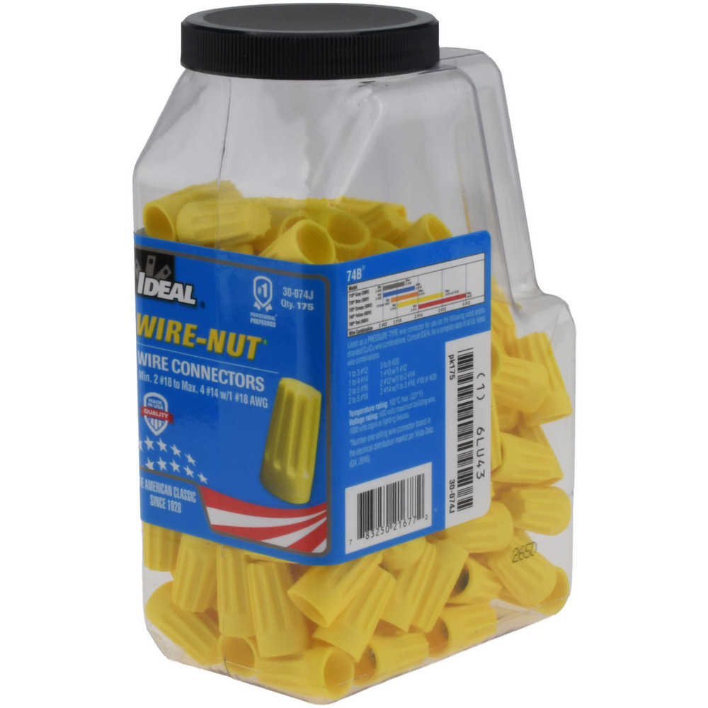 Standard Twist-On Wire Connector: Yellow, Flame-Retardant, 2 AWG - 221 &deg; F Max Operating Temp, 600V