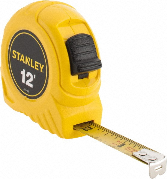 Tape Measure: 12' Long, 1/2" Width, Yellow Blade - Inch Graduation, Yellow Case