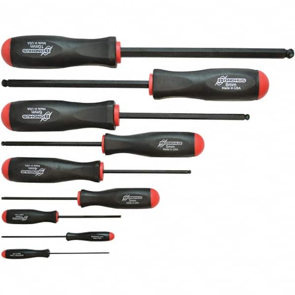 Hex Driver Sets; Ball End: Yes ; Hex Size: 1.5 mm; 10 mm; 2 mm; 2.5 mm; 3 mm; 4 mm; 5 mm; 6 mm; 8 mm ; Includes: 1.5, 2, 2.5, 3, 4, 5, 6, 8, 10 mm Screwdrivers ; Features: Holds Screw Tight on Tool Every Time ; Number Of Pieces: 9