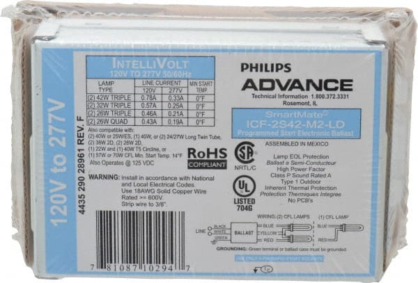 Philips Advance ICF2S42M2LDK 1 or 2 Lamp, 120-277 Volt, 0.21 to 0.78 Amp, 0 to 39, 40 to 79 Watt, Programmed Start, Electronic, Nondimmable Fluorescent Ballast 