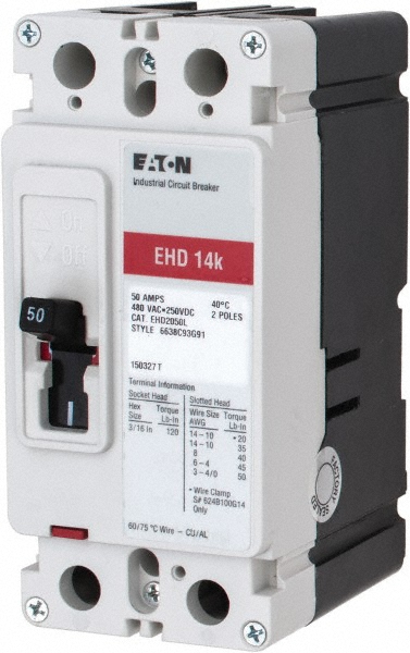 Eaton Cutler-Hammer 50 Amp, 250 VDC, 480 VAC, 2 Pole, Molded Case Circuit Breaker - Thermal Magnetic Trip, Multiple Breaking Capacity Ratings, 14-1/0