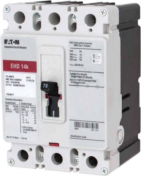Eaton Cutler-Hammer EHD3070L 70 Amp, 250 VDC, 480 VAC, 3 Pole, Molded Case Circuit Breaker 