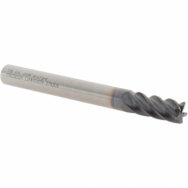 M.A. Ford® Corner Radius End Mill: 1/4" Dia, 5/8" LOC, 0.0150" Corner Radius, 5 Flute, Solid Carbide - 2-1/2" OAL, 1/4" Shank Dia, 38 deg Helix