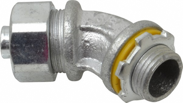 Conduit Connector: For Liquid-Tight, Malleable Iron, 3/8" Trade Size - Non-Insulated, Angle Connector, Threaded Connection