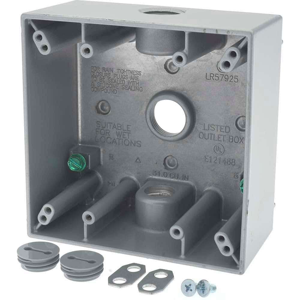 Cooper Crouse-Hinds TP7086 Electrical Outlet Box: Aluminum, Rectangle, 4-9/16" OAH, 4-5/8" OAW, 2-1/16" OAD, 2 Gangs 