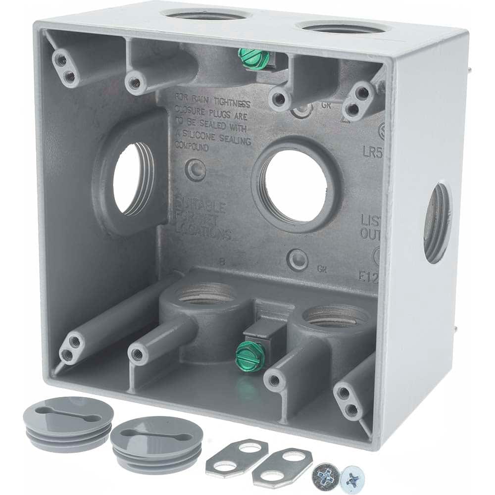 Cooper Crouse-Hinds TP7138 Electrical Outlet Box: Aluminum, Square, 4-1/2" OAH, 4-1/2" OAW, 2-21/32" OAD, 2 Gangs 