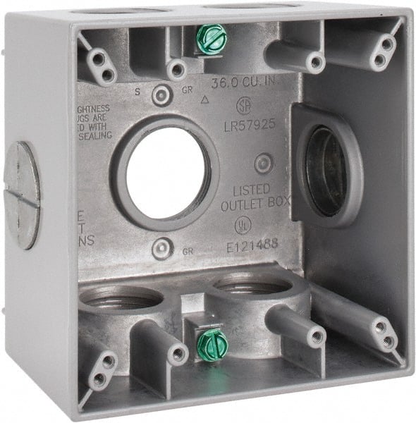 Cooper Crouse-Hinds TP7142 Electrical Outlet Box: Aluminum, Square, 4-1/2" OAH, 4-1/2" OAW, 2-21/32" OAD, 2 Gangs 