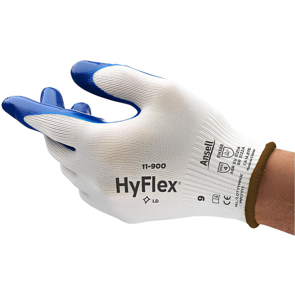 Work Gloves: HyFlex® NBR 11-900, Size X-Large, Nitrile-Coated Nylon, Industrial - Blue & White, 10" OAL, Nylon Lined, Pair,     Static Dissipative