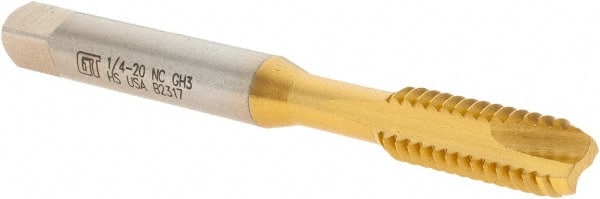 Spiral Point Tap: 1/4-20 UNC, 2 Flutes, Bottoming, 2/3B Class of Fit, High Speed Steel, TiN Coated