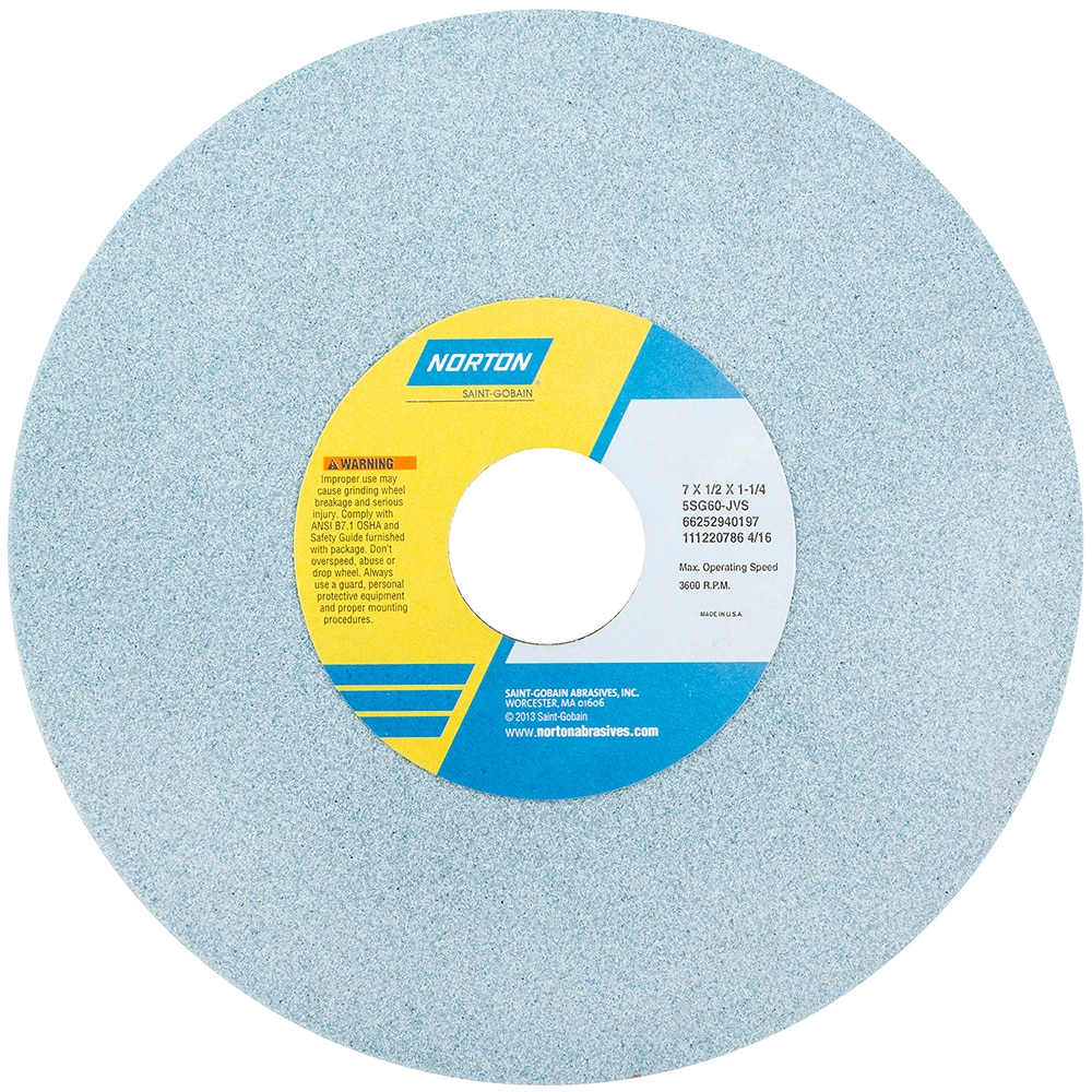 Norton 66252940205 Surface Grinding Wheel: 7" Dia, 1/2" Thick, 1-1/4" Hole, 100 Grit, K Hardness Image