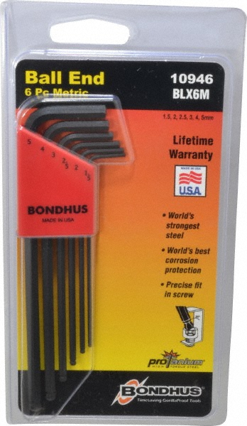 6 Piece L-Key Ball End Hex Key Set - Hex Range 1.5 to 5mm