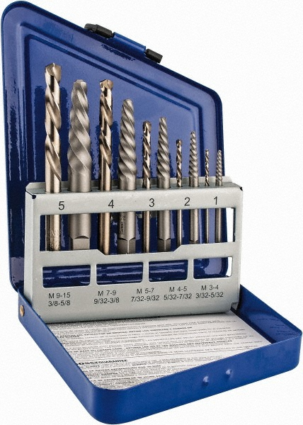 Spiral Flute Screw Extractor & Drill: 10 Pc - Includes (5) Spiral Flute Screw Extractors: #1 to #5 with Corresponding Left Hand Cobalt Drill Bits, Fits 3/16", 7/32", 1/4", 3/4" Screws