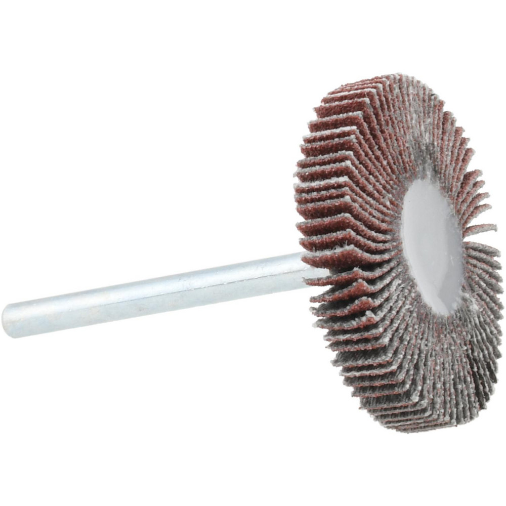Mounted Flap Wheel: 1-3/16" Dia, 3/16" Face Width, 120 Grit, Aluminum Oxide - 1/8" Shank Dia, Coated, Fine Grade, 30000 Max RPM