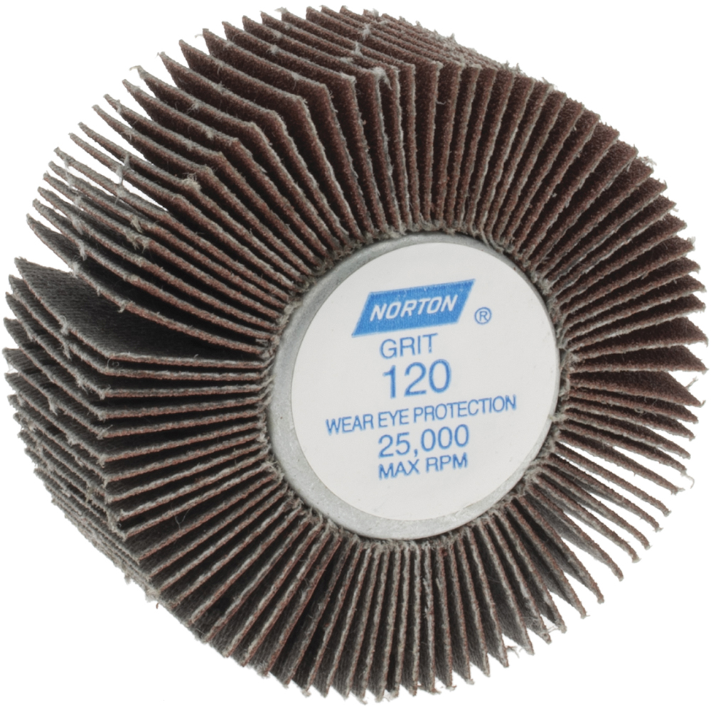 Mounted Flap Wheel: 2" Dia, 1" Face Width, 120 Grit, Aluminum Oxide - Coated, Fine Grade, 23000 Max RPM