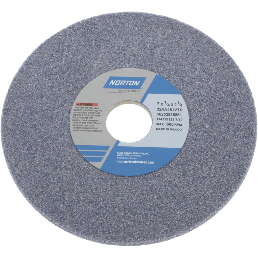 Norton 66252938851 Surface Grinding Wheel: 7" Dia, 1/4" Thick, 1-1/4" Hole, 46 Grit, I Hardness Image