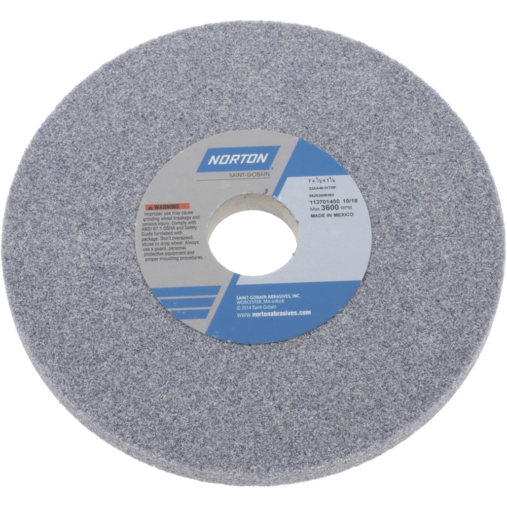 Norton 66252906093 Surface Grinding Wheel: 7" Dia, 1/2" Thick, 1-1/4" Hole, 46 Grit, I Hardness Image