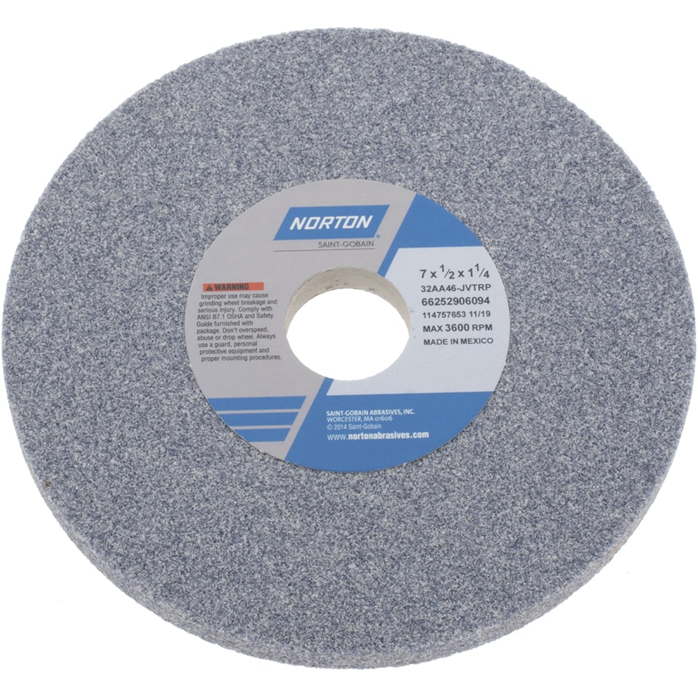 Norton 66252906094 Surface Grinding Wheel: 7" Dia, 1/2" Thick, 1-1/4" Hole, 46 Grit, J Hardness Image