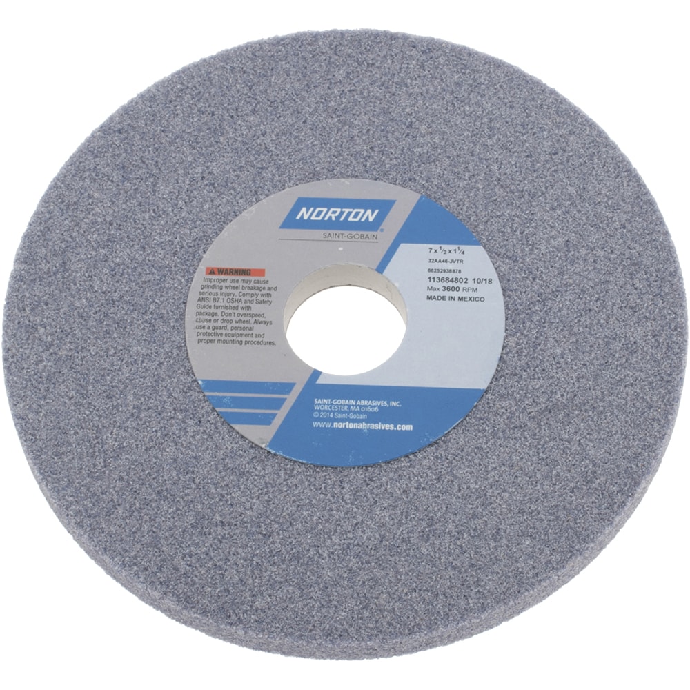 Norton 66252938878 Surface Grinding Wheel: 7" Dia, 1/2" Thick, 1-1/4" Hole, 46 Grit, J Hardness Image