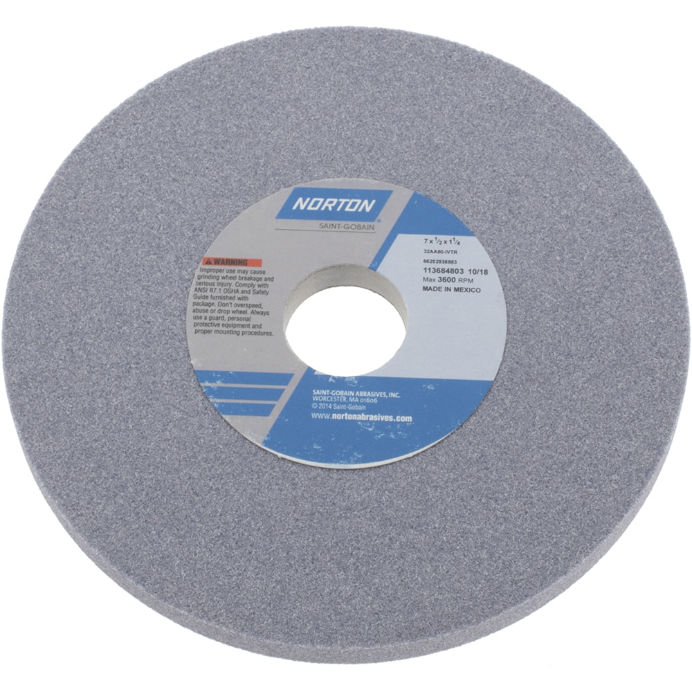 Norton 66252938883 Surface Grinding Wheel: 7" Dia, 1/2" Thick, 1-1/4" Hole, 80 Grit, I Hardness Image