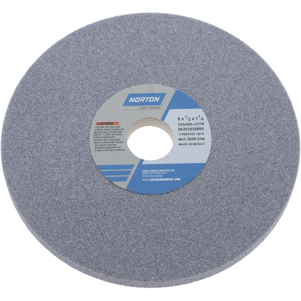 Norton 66253038895 Surface Grinding Wheel: 8" Dia, 1/2" Thick, 1-1/4" Hole, 60 Grit, J Hardness Image